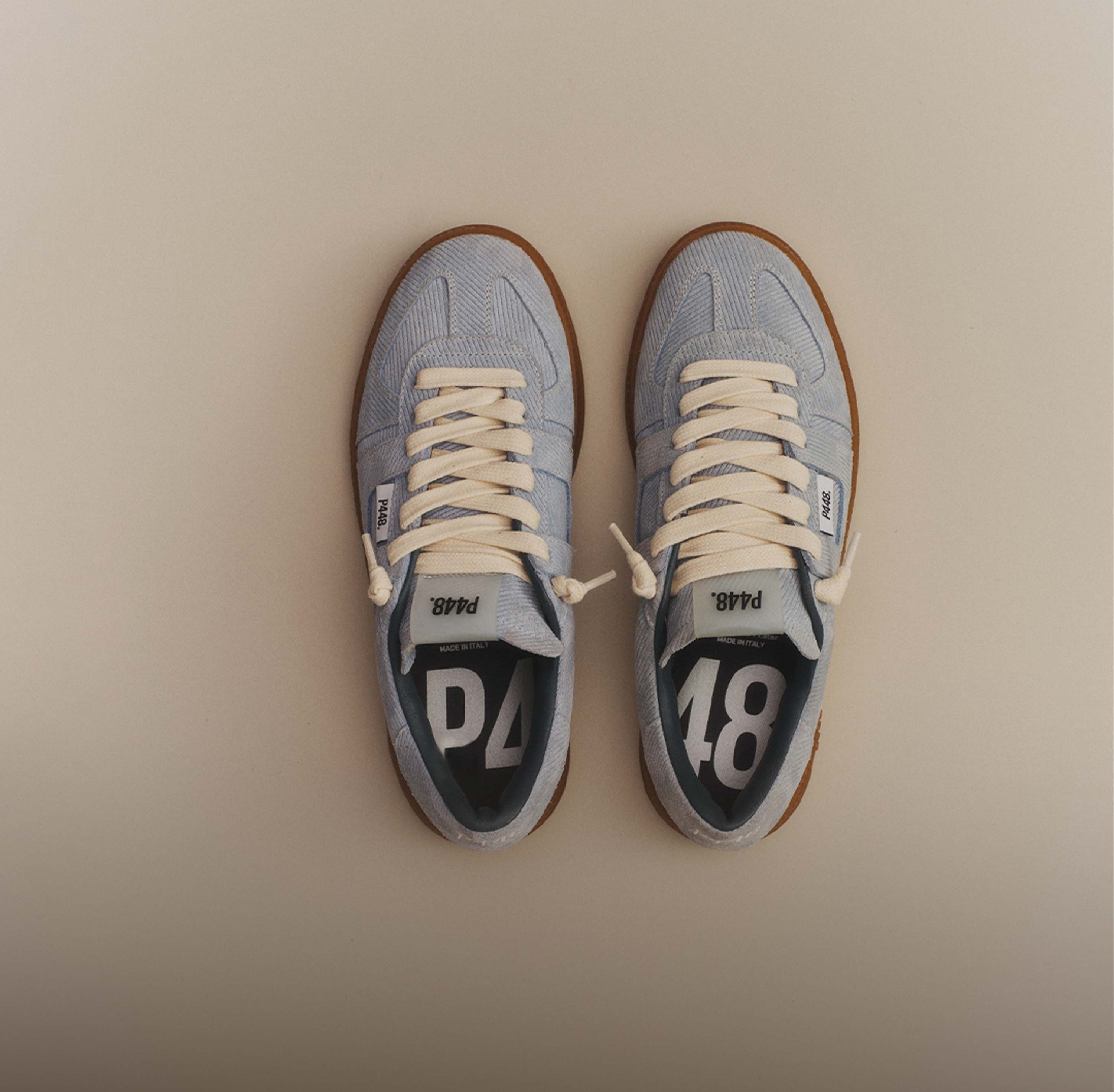 P448 light blue denim Sneakers, overhead view with gum sole, women's summer Shoes