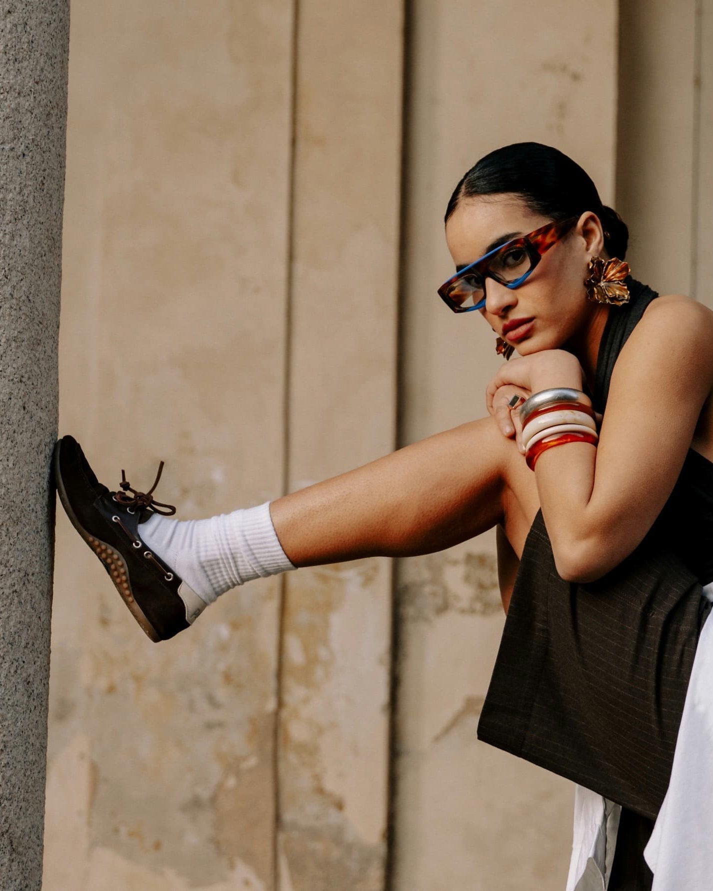 Front angle of brown boat shoe