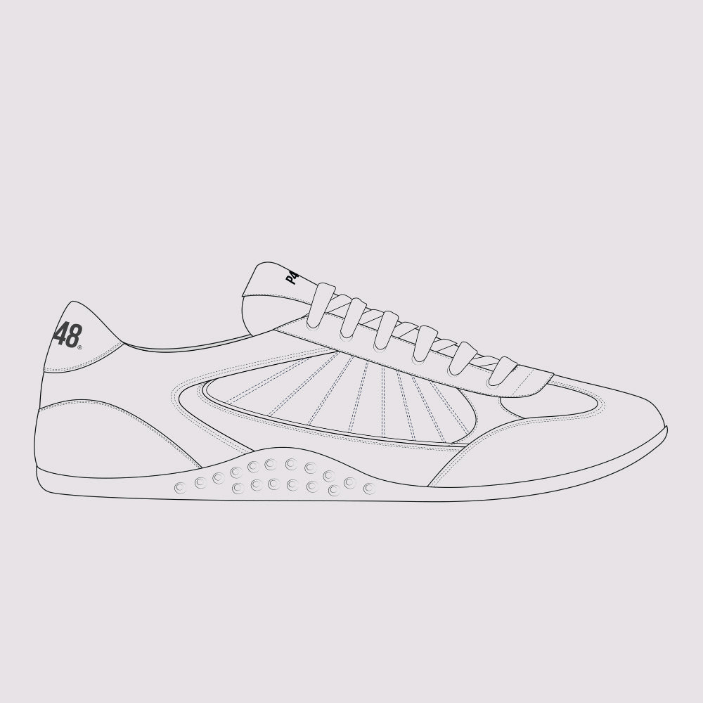 Technical sketch of a low-profile P448 Lisbon sneaker with retro styling, featuring distinct stitched panels, a textured midsole, and 'P448' branding on the heel.