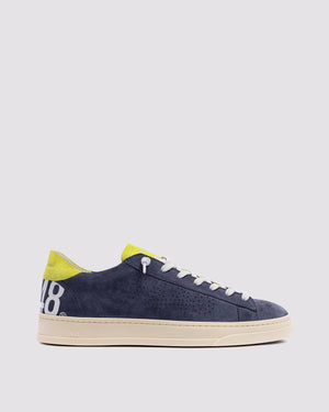 Side angle of blue/yellow sneakers