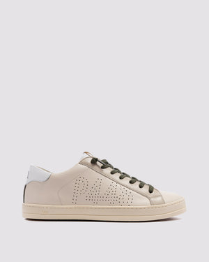 Side angle of white and blackl sneakers