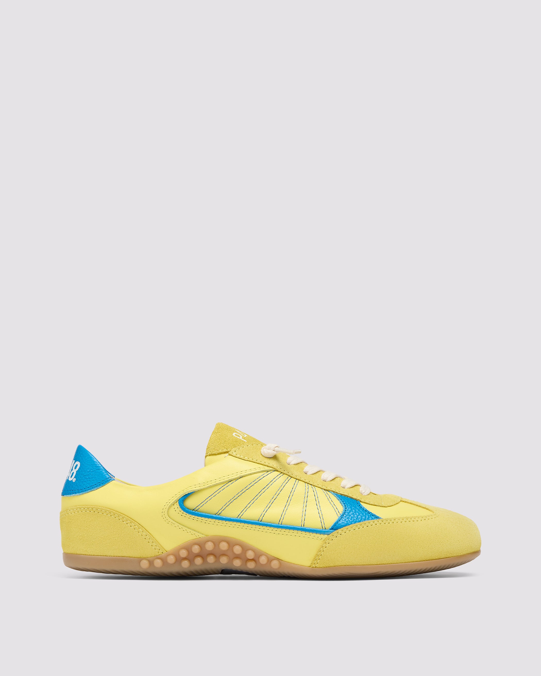 Side angle of yellow and blue sneakers